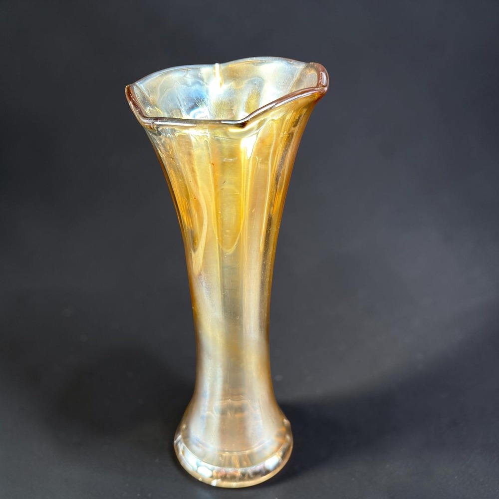 Vintage Marigold Carnival Glass Swung Vase 8 Inch Iridescent Stretched Fluted